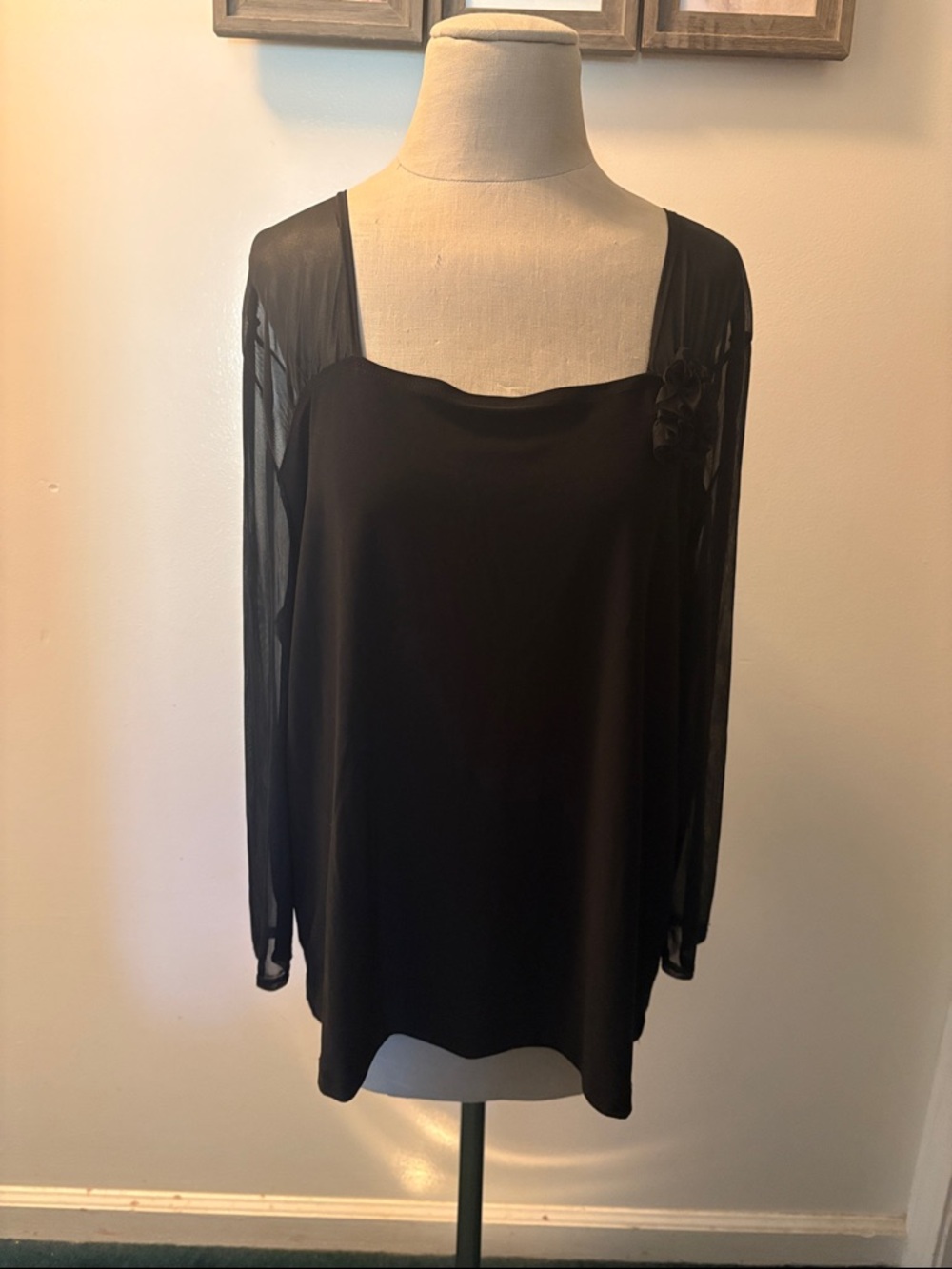 Susan Lawrence Black Square Neck Sheer Sleeve Blouse